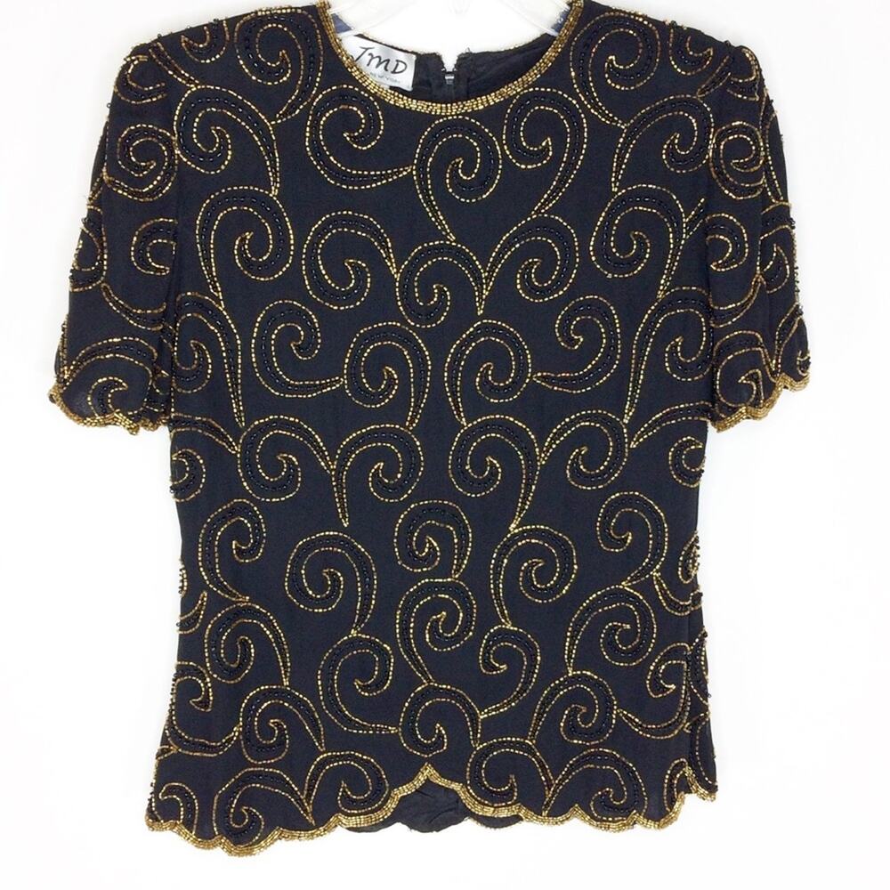 Vintage JMD‎ New York Womens Medium Beaded Blouse Gold Black Short Sleeve